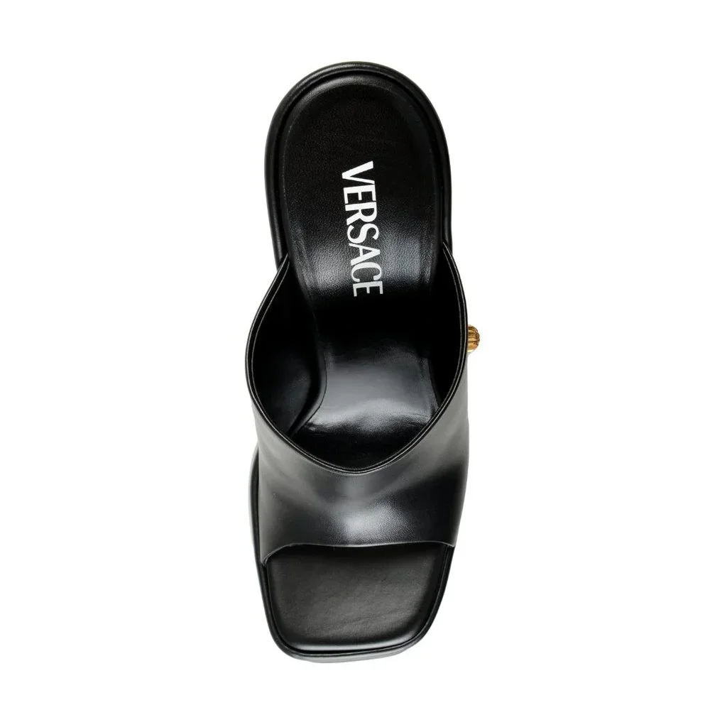 Versace Women's Black Leather Platform Mule Sandals Shoes